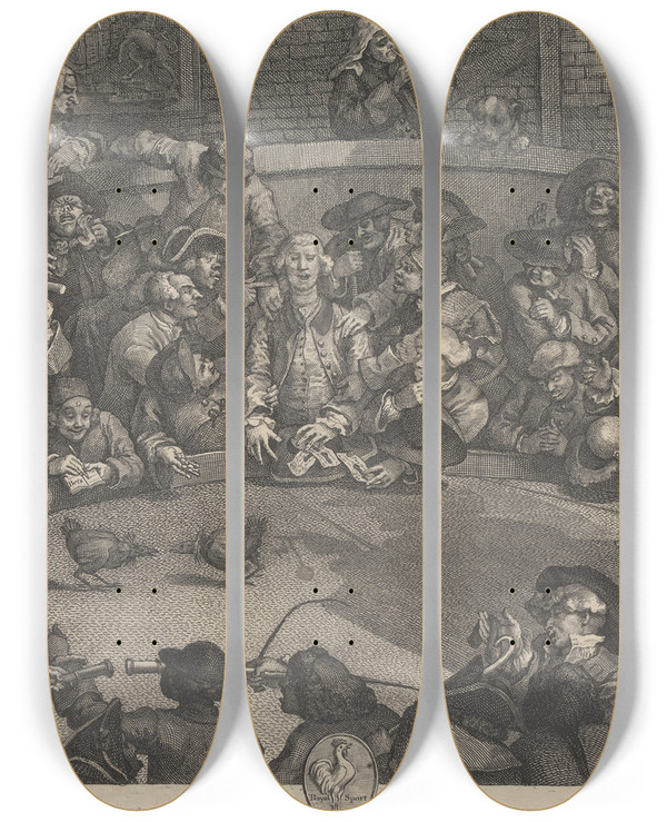 Triptych art skateboard deck of William Hogarth Pit Ticket by William Hogarth (1697-1764)