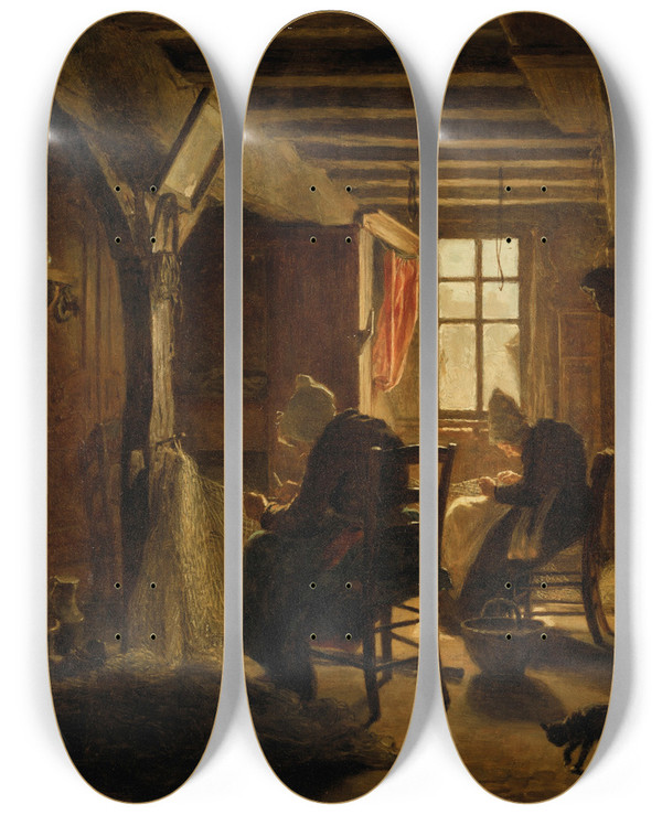 Triptych art skateboard deck of Jozef Israls Mending The Nets by Jozef Israels (1824-1911)