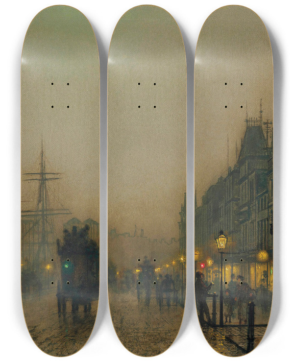 Triptych art skateboard deck of John Atkinson Grimshaw Reekie Glasgow_1 by John Atkinson Grimshaw (1836-1893)