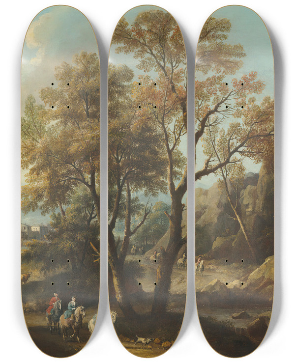 Triptych art skateboard deck of Giovanni Battista Cimaroli A River Landscape With Travellers On A Path by Giovanni Battista Cimaroli (1687-1771)