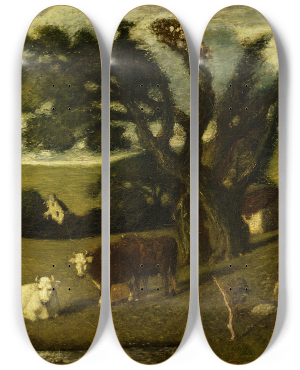 Triptych art skateboard deck of Albert Pinkham Ryder Pastoral Study by Albert Pinkham Ryder (1847-1917)