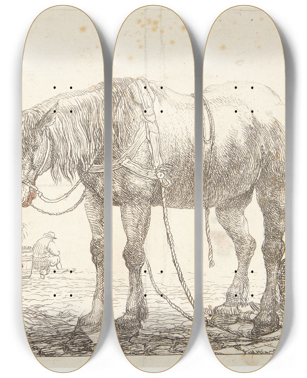 Triptych art skateboard deck of Simon De Vlieger Hvilende Arbejdshest by Simon de Vlieger (1601-1653)