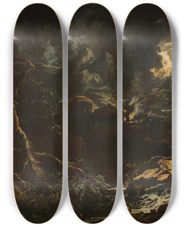 Triptych art skateboard deck of Anton Faistenberger Gewitterlandschaft by Anton Faistenberger (1663-1708)