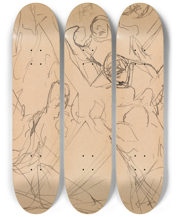 Triptych art skateboard deck of Umberto Boccioni Study For Mourning by Umberto Boccioni (1882-1916)