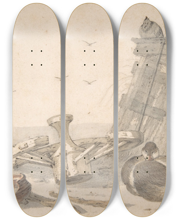 Triptych art skateboard deck of Cornelis Saftleven A Duck Sleeping Near A Broken Wheel In A Farmyard A Chicken Beyond by Cornelis Saftleven (1607-1681)
