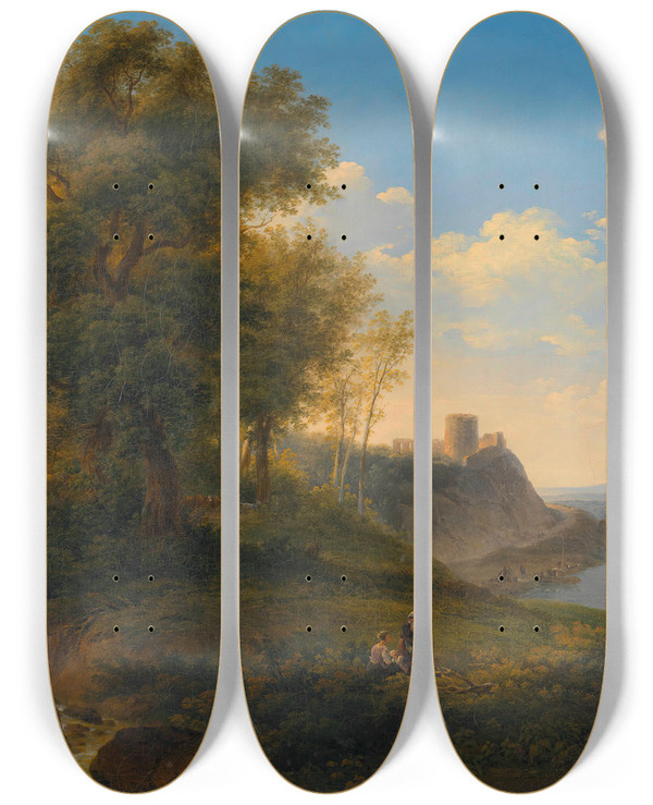Triptych art skateboard deck of Joseph Mssmer Landschaft An Der Donau by Joseph Mossmer (1780-1845)