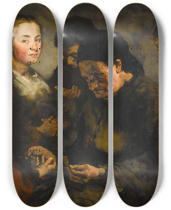 Triptych art skateboard deck of Thodule Ribot La Diseuse De Bonne Aventure by Theodule Ribot (1823-1891)