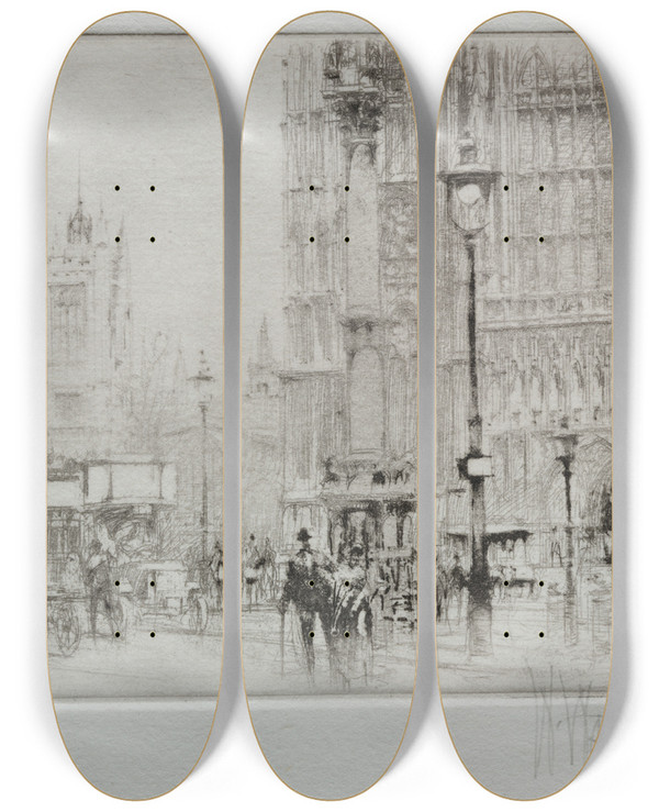 Triptych art skateboard deck of William Walcot Westminster Abbey by William Walcot (1874-1943)