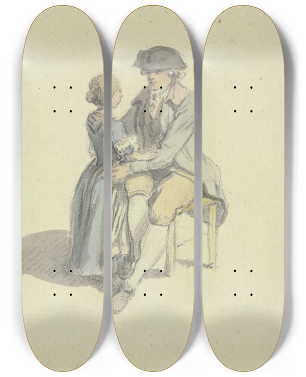 Triptych art skateboard deck of Johann Ludwig Aberli Ein Mann Auf Einem Stuhl Sitzend In Unterhaltung Mit Einem Mdchen by Johann Ludwig Aberli (1723-1786)