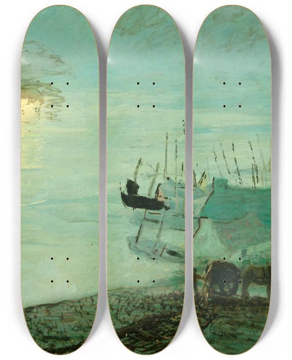 Triptych art skateboard deck of John Noble Beach Scene by John Noble (1874-1934)