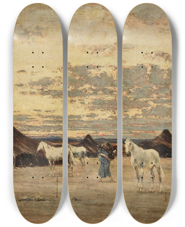 Triptych art skateboard deck of Victor Huguet Settlement At Dawn by Victor Huguet (1835-1902)