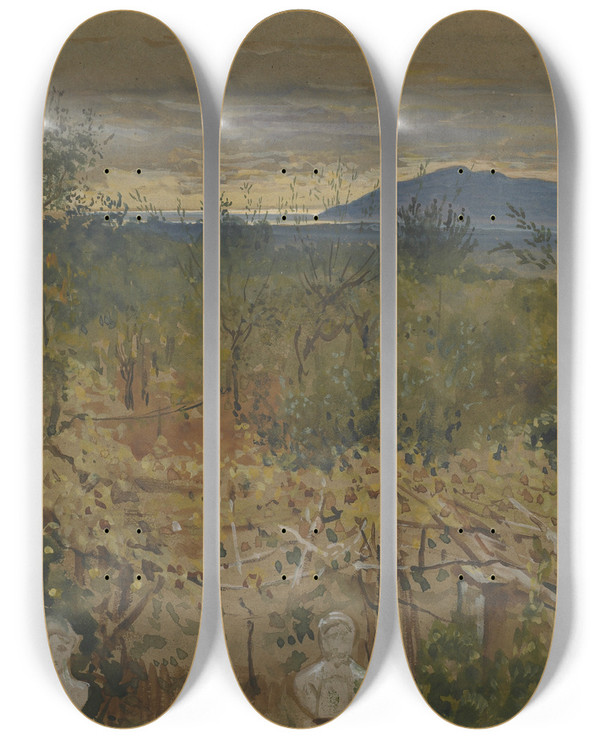 Triptych art skateboard deck of Walter Crane Garden With Ruins by Walter Crane (1845-1915)