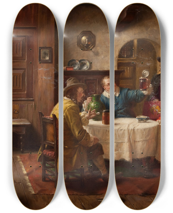 Triptych art skateboard deck of Fritz Wagner Gentlemens Conversation by Fritz Wagner (1896-1939)