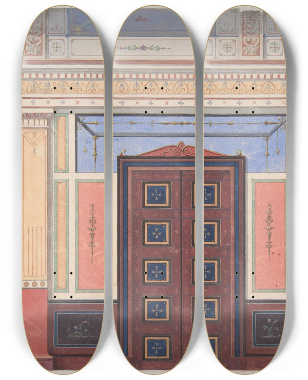 Triptych art skateboard deck of Julesedmondcharles Lachaise Design For Elevation Of Ceiling And Wall Deepdene Dorking Surrey by Jules-Edmond-Charles Lachaise (1897)