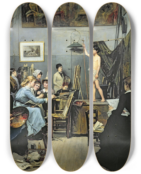 Triptych art skateboard deck of Marie Bashkirtseff In The Studio by Marie Bashkirtseff (1858-1884)