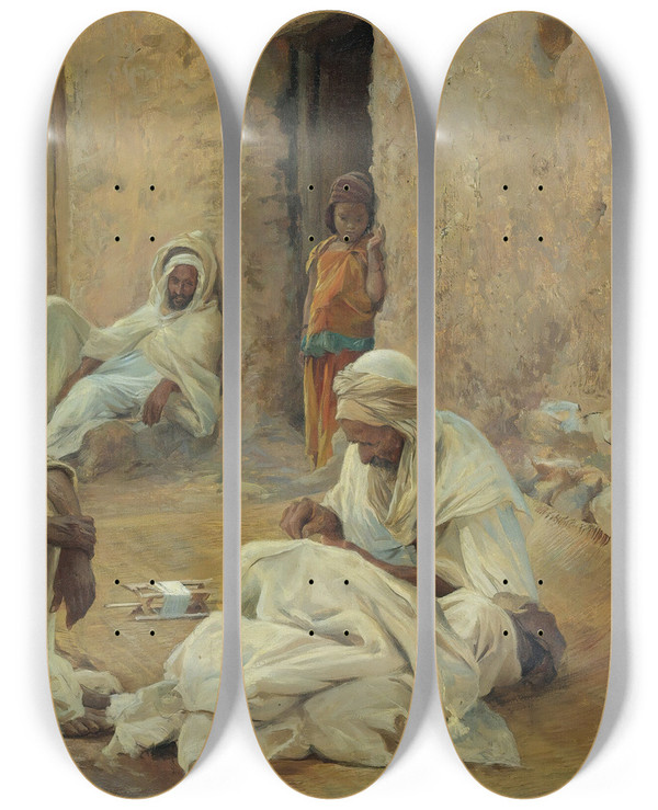 Triptych art skateboard deck of Eugne Girardet Mending by Eugene Girardet (1853-1907)