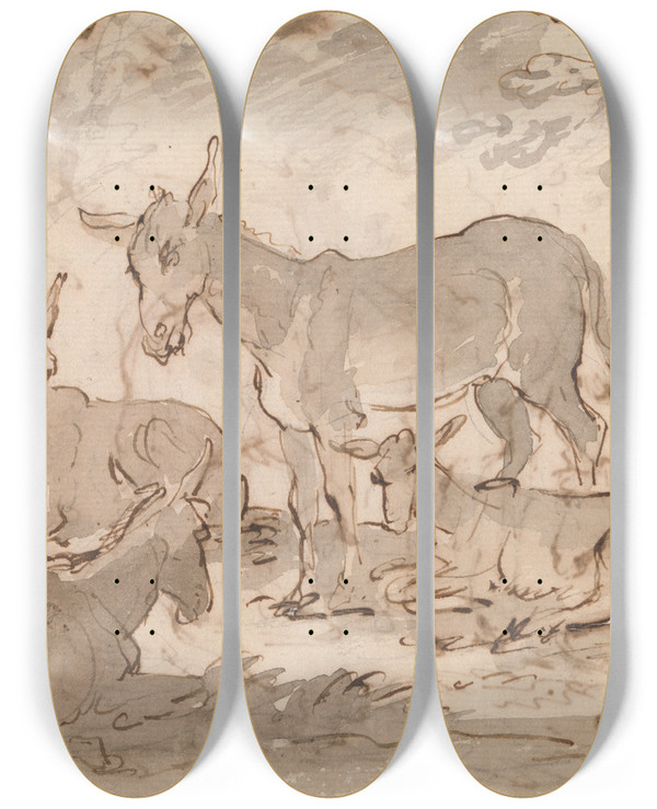 Triptych art skateboard deck of Sawrey Gilpin Donkeys by Sawrey Gilpin (1733-1807)