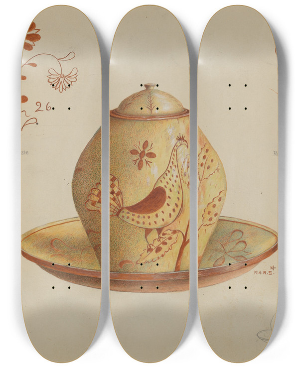 Triptych art skateboard deck of Margaret Stottlemeyer Pa German Covered Jar by Margaret Stottlemeyer