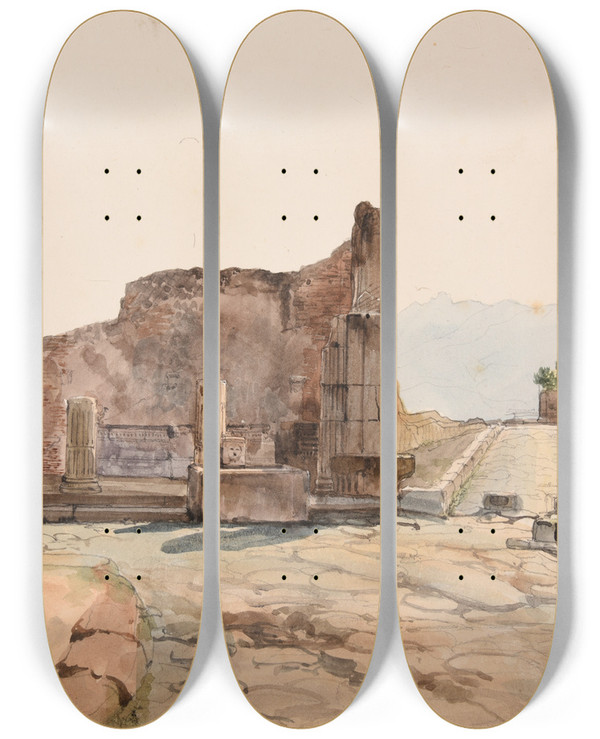 Triptych art skateboard deck of Jacquesraymond Brascassat Rues Et Ruines Pompi by Jacques Raymond Brascassat (1804-1867)