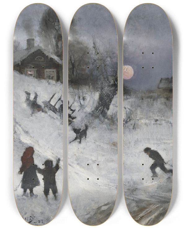 Triptych art skateboard deck of Bruno Liljefors Sledging by Bruno Liljefors (1860-1939)