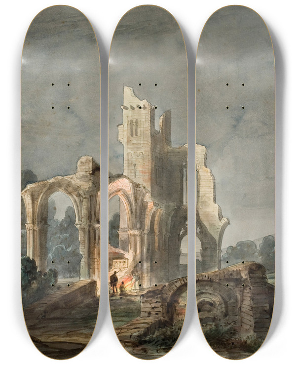 Triptych art skateboard deck of Llus Rigalt Night Landscape With Gothic Ruins by Lluis Rigalt (1814-1894)