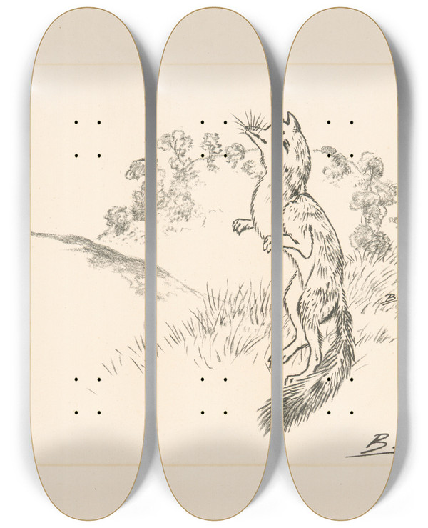 Triptych art skateboard deck of Flix Bracquemond Un Rennard Sur Ses Pattes De Derrire by Felix Bracquemond (1833-1914)