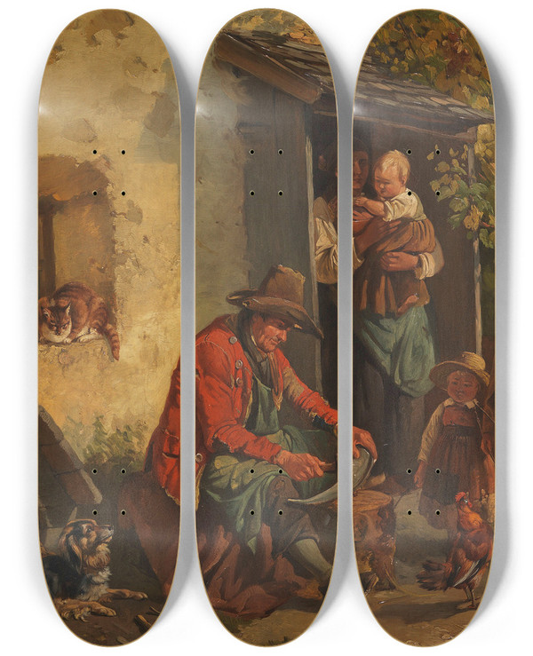 Triptych art skateboard deck of Friedrich Voltz Dengelnder Bauer by Friedrich Voltz (1817-1886)