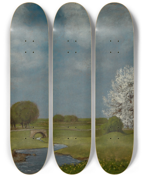 Triptych art skateboard deck of Hermann Dumler Frhling Am Bach by Hermann Dumler