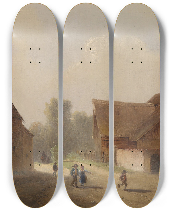 Triptych art skateboard deck of Anton Doll Kinder Am Heimweg by Anton Doll (1826-1887)