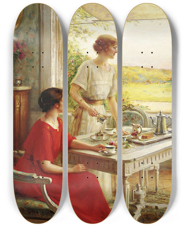 Triptych art skateboard deck of Albert Lynch Time For Tea by Albert Lynch (1860-1950)