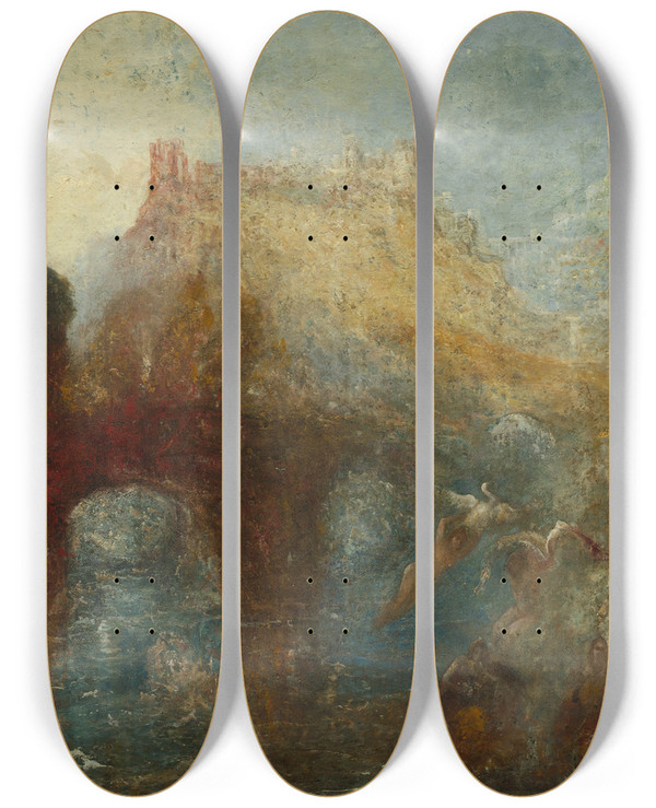 Triptych art skateboard deck of Joseph Mallord William Turner Queen Mabs Cave by Joseph Mallord William Turner (1775-1851)