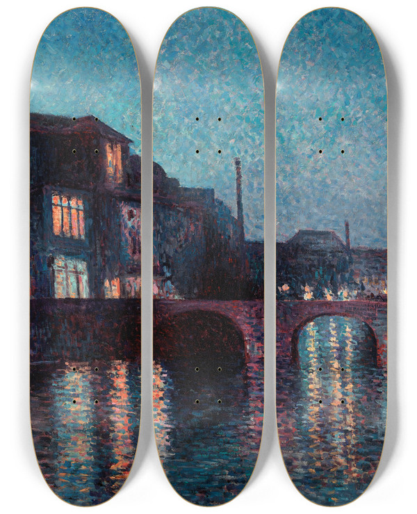 Triptych art skateboard deck of Maximilien Luce The River Sambre Incharleroi by Maximilien Luce (1858-1941)