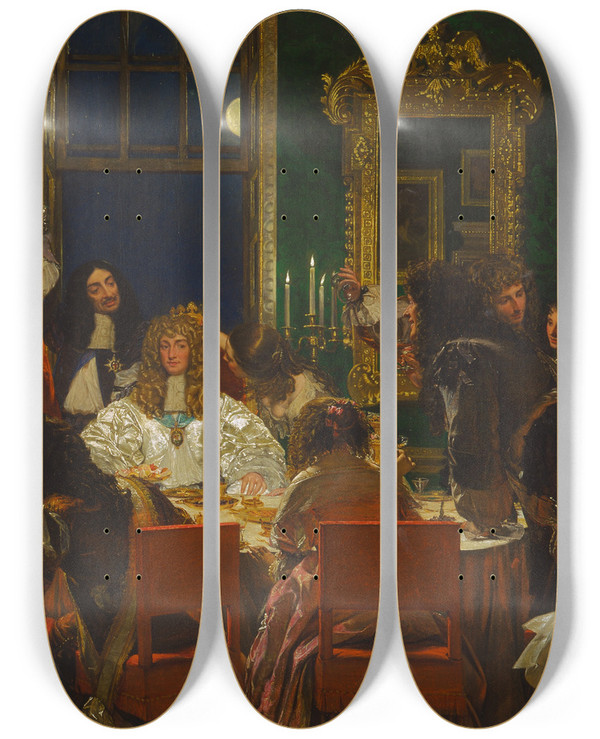 Triptych art skateboard deck of Augustus Leopold Egg The Life Of Buckingham by Augustus Leopold Egg (1816-1863)