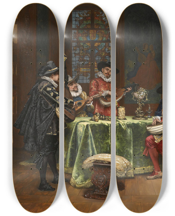 Triptych art skateboard deck of Adolphealexandre Lesrel Interior With Troubadours by Adolphe Alexandre Lesrel (1839-1929)