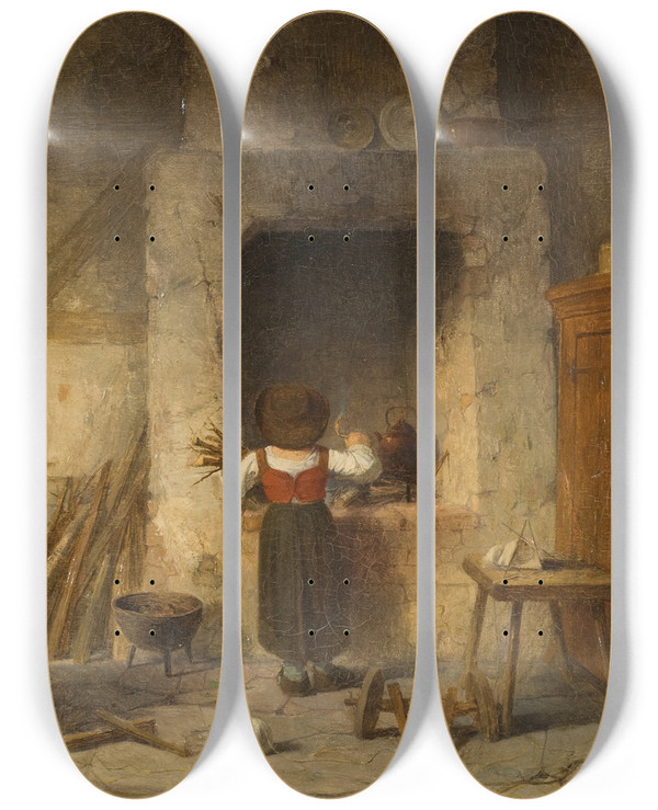 Triptych art skateboard deck of Anders Gustaf Koskull Household Work by Anders Gustaf Koskull (1831-1904)
