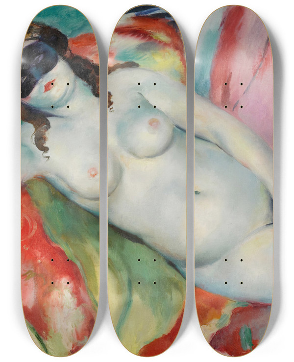 Triptych art skateboard deck of Henri Ottmann Nu Au Masque by Henri Ottmann (1877-1927)