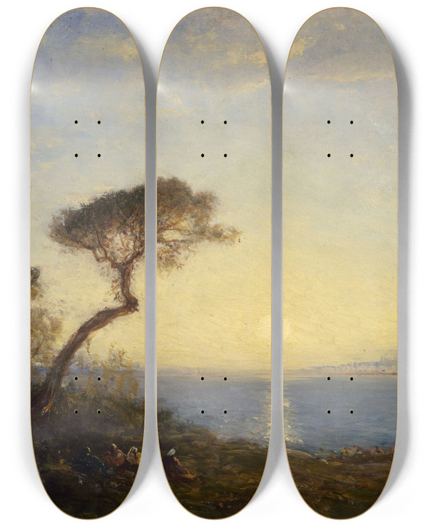 Triptych art skateboard deck of Flix Ziem Pin Parasol Lembouchure Du Bosphore by Felix Ziem (1821-1911)