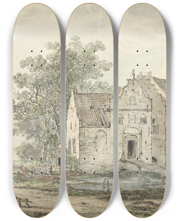Triptych art skateboard deck of Jacob Van Strij Kasteel Ijzendoorn In De Betuwe by Jacob Van Strij (1756-1815)