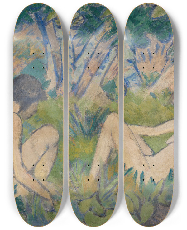 Triptych art skateboard deck of Otto Mueller Zwei Mdchen Im Walde by Otto Mueller (1874-1930)
