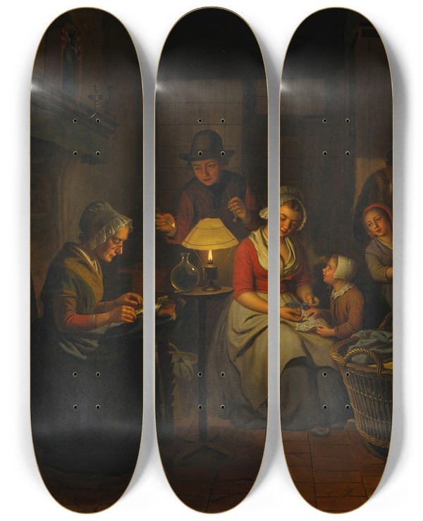 Triptych art skateboard deck of Basile De Loose By Candlelight by Basile De Loose (1809-1885)