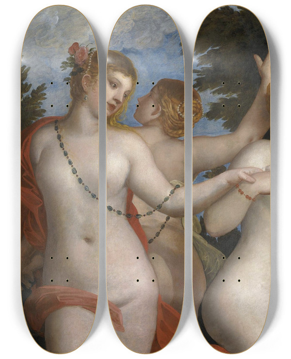 Triptych art skateboard deck of Alessandro Varotari The Three Graces by Alessandro Varotari (1588-1649)