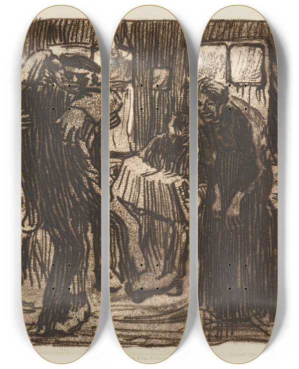 Triptych art skateboard deck of Kthe Kollwitz Hamburger Kneipe by Kthe Kollwitz (1867-1945)