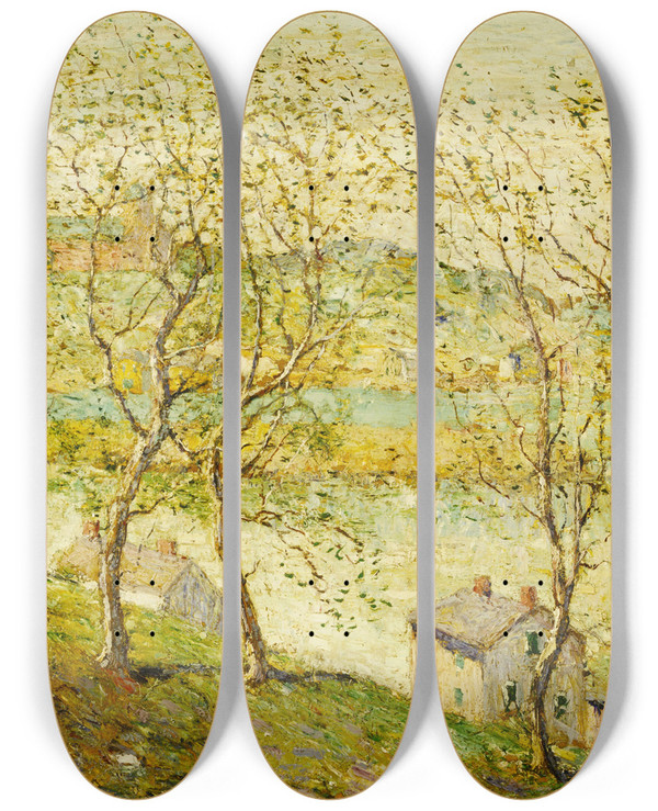 Triptych art skateboard deck of Ernest Lawson Springtime Harlem River by Ernest Lawson (1873-1939)