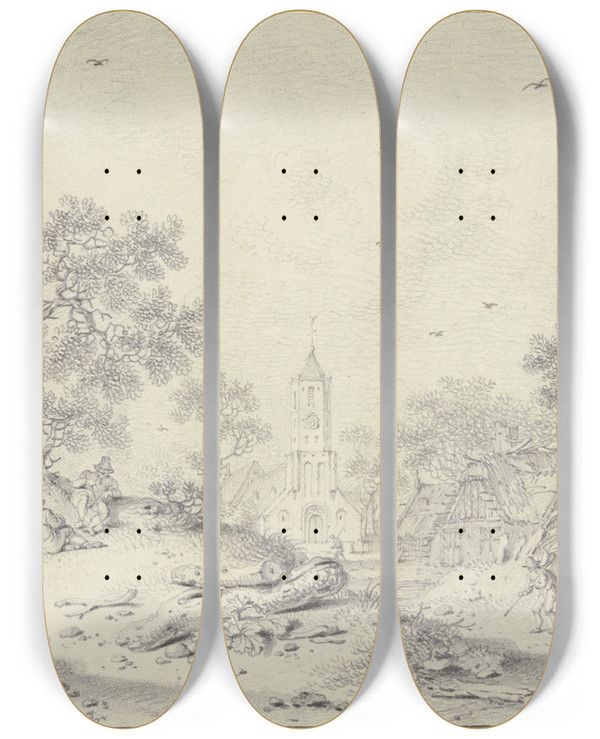 Triptych art skateboard deck of Hendrik Meyer Bei Einem Dorf Unter Einem Baum Zwei Ruhende Wanderer Und Ein Stehendes Mdchen by Hendrik Meyer (1744-1793)