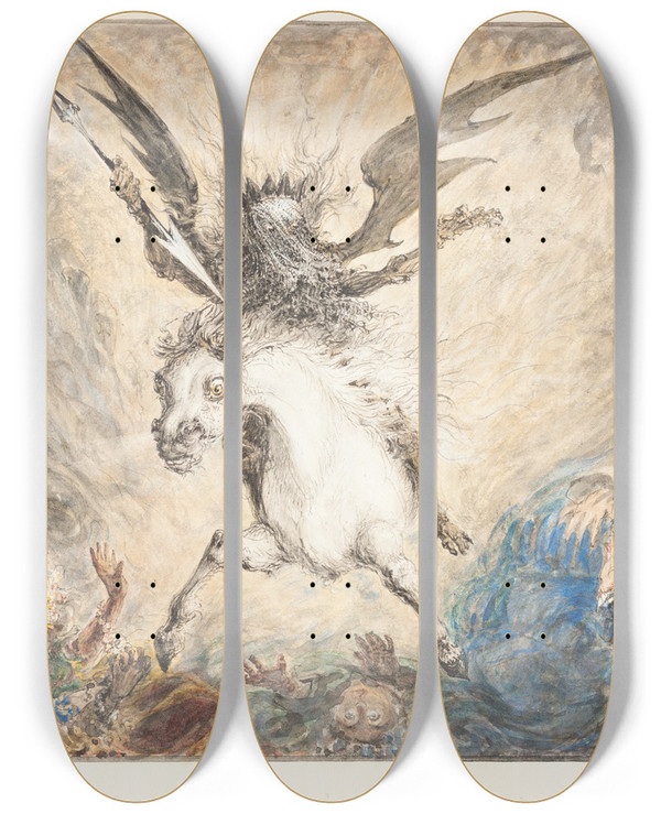 Triptych art skateboard deck of George Cruikshank Crinolina And The Consequences Recto by George Cruikshank (1792-1878)