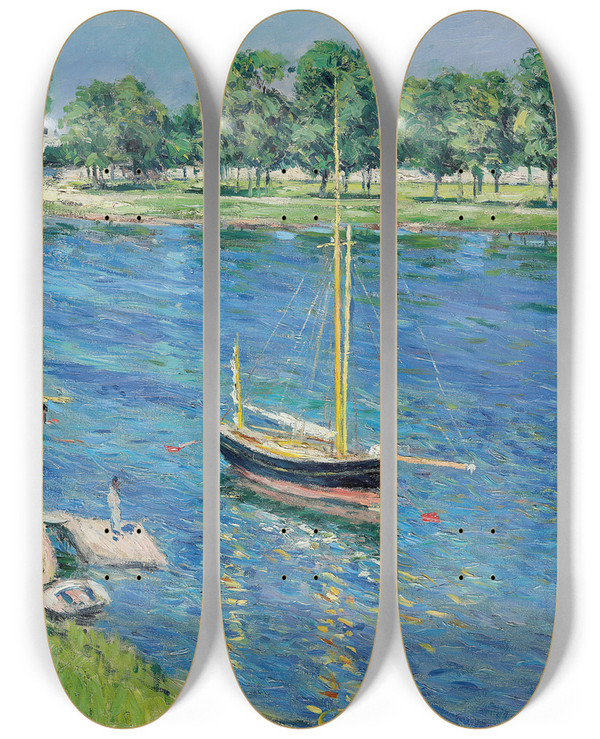 Triptych art skateboard deck of Gustave Caillebotte La Seine Argenteuil Bateaux Au Mouillage by Gustave Caillebotte (1848-1894)
