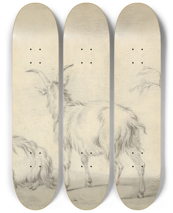 Triptych art skateboard deck of Pieter Gerardus Van Os A Standing And A Lying Goat Near A Small Tree by Pieter Gerardus Van Os (1776-1836)