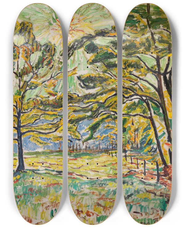 Triptych art skateboard deck of Theo Von Brockhusen Herbstsonne by Theo Von Brockhusen (1882-1919)