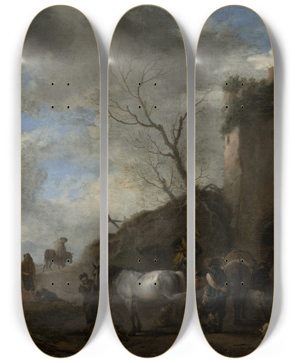 Triptych art skateboard deck of Philips Wouwerman Riders At A Blacksmiths by Philips Wouwerman (1619-1668)