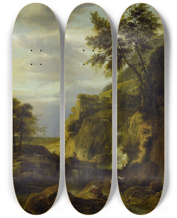 Triptych art skateboard deck of Roelant Roghman Mountainous Landscape With Waterfall by Roelant Roghman (1627-1692)